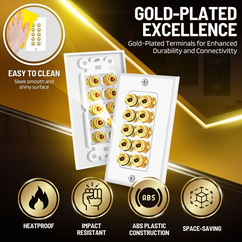 TNP Products TNP Home Theater Wall Plate - Banana Plug Wall Plate, 5 Speaker Wire with Gold-Plated Terminals, Single Gang Audio, in-Wall Surround Sound Connection Plates, White - Image 3